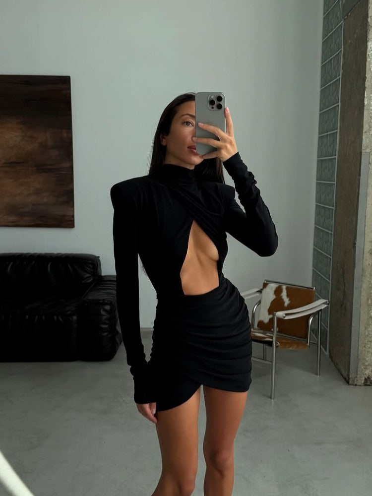 Sexy Hollow-out Pleated Mini Dress Women Fashion Solid Half High Collar Long Sleeve Slim Dresses 2025 Lady Party Club Robes