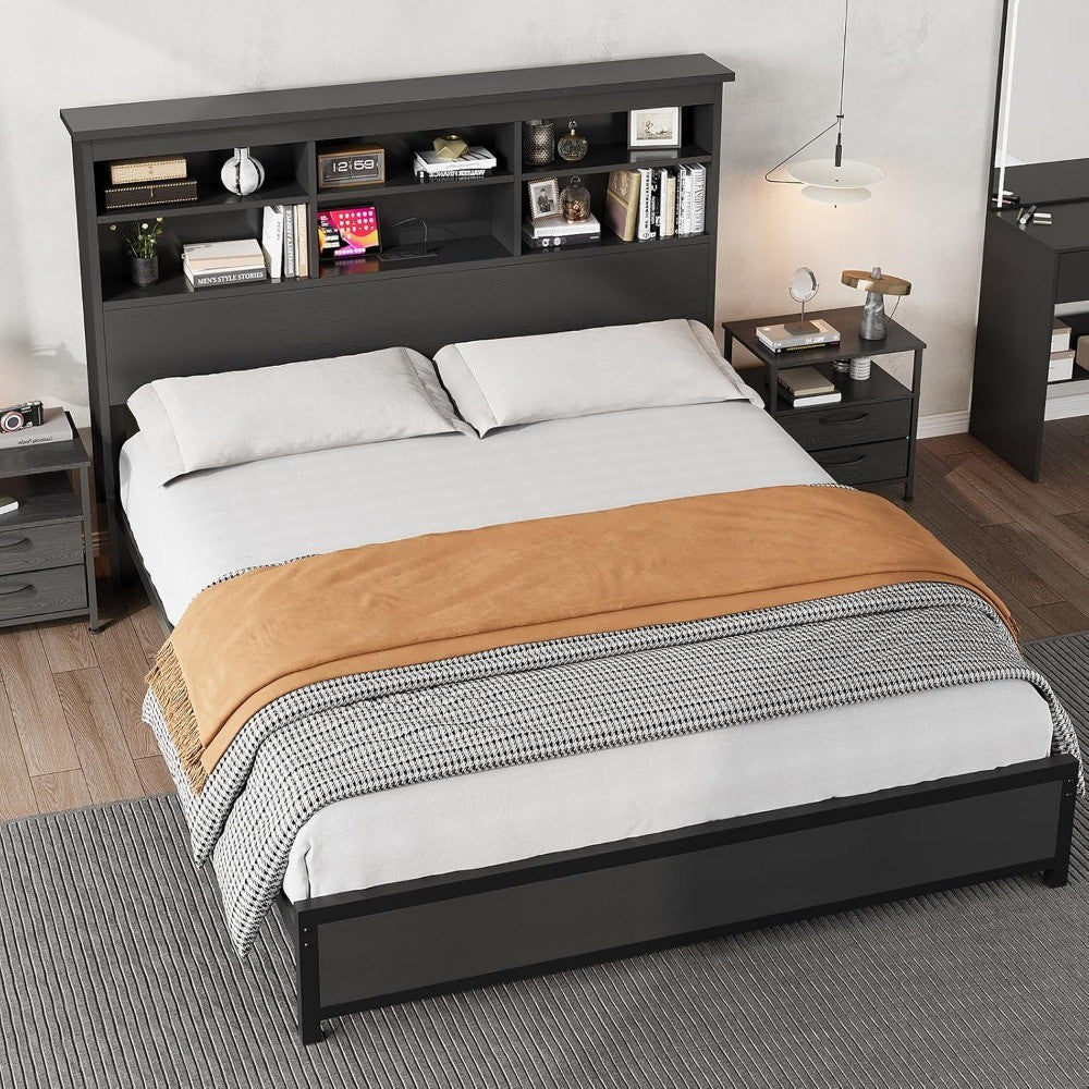 Queen Size Bed Frame with Bookcase Headboard, 2-Tier Storage Queen Platform Bed with Charging Station, No Box Spring