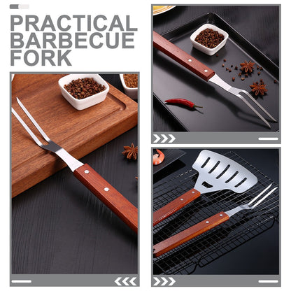 Stainless Steel Bbq Skewers 12 Inch With Wood Handle For Grilling Roasting Kebab Meat Fork Portable Barbecue Tools Set