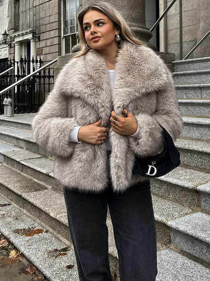 DUOPERI Women Fashion Winter Solid Thick Warm Faux Fur Coat Lapel Collar Long Sleeves Female Chic Lady Casual Outfits