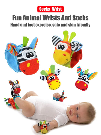 Conjunto com 4 peças de chocalhos de pulso e meias para bebês 0-12 meses, meninos e meninas, brinquedos educativos para o desenvolvimento inicial, presentes sensoriais fofos para bebês