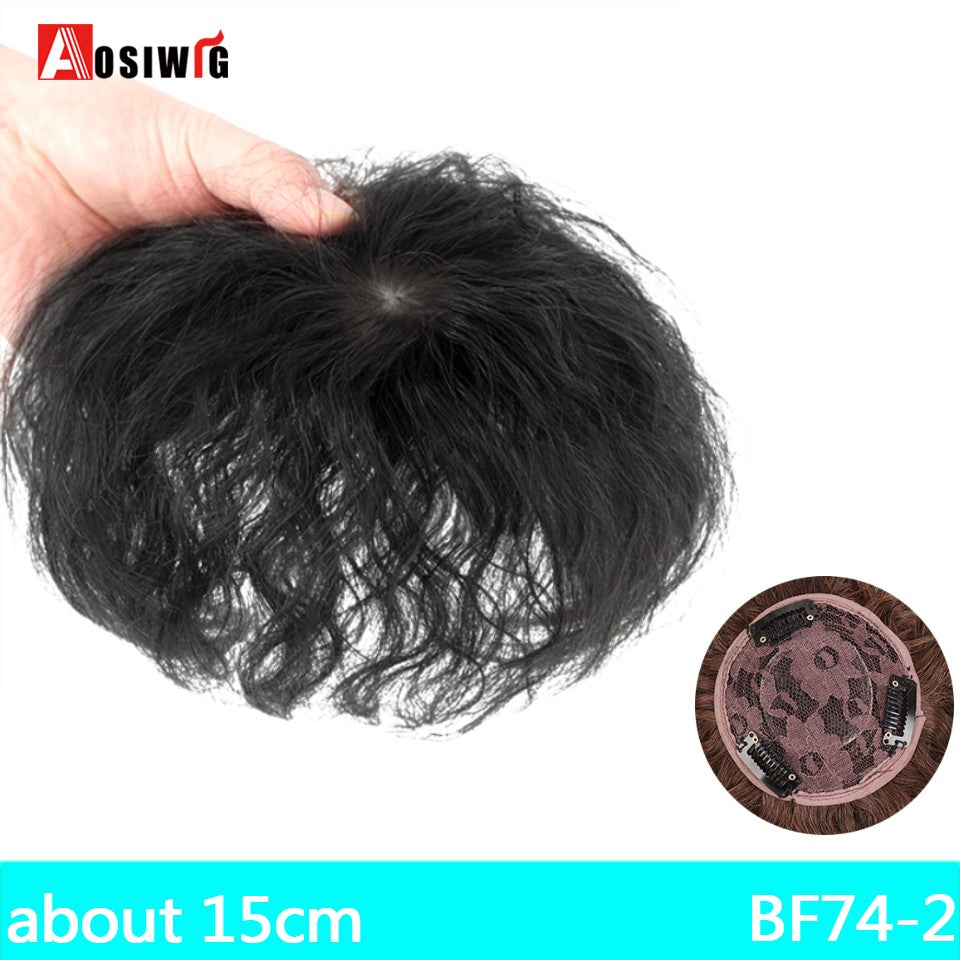 Perucas de cabelo encaracolado sintético AOSI castanho preto, substituição de extensões de cabelo tipo topete, apliques femininos com franja