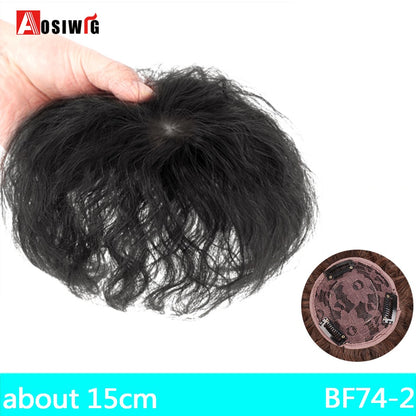 Perucas de cabelo encaracolado sintético AOSI castanho preto, substituição de extensões de cabelo tipo topete, apliques femininos com franja