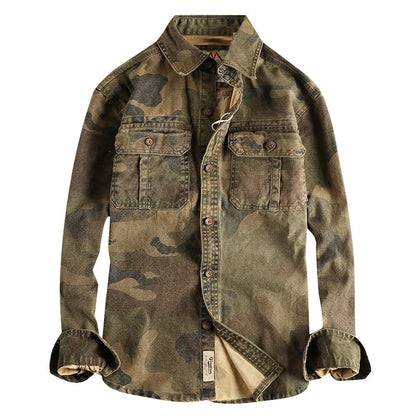 2024 Autumn and Winter New American Retro Woven Camouflage Cargo Shirt Men's 100% Cotton Washed Old Double Pockets Thin Jacket
