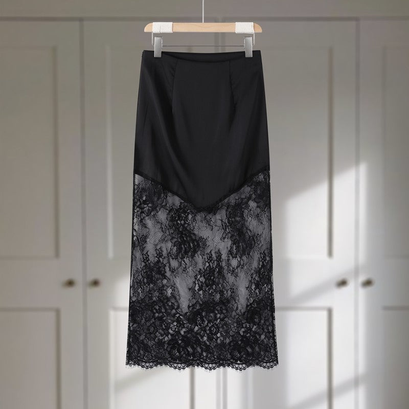Satin Skirts Women Loose High Waist Patchwork Lace See Through Skirt Female 2025 Chic Solid Sexy Elegant Streetwears