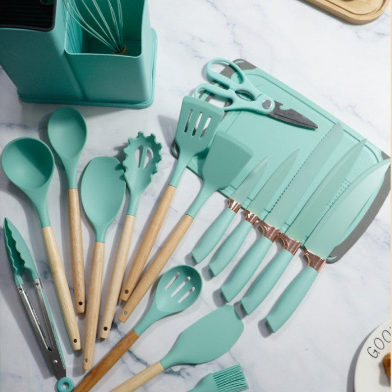 Conjunto de utensílios de cozinha de silicone, 19 peças com cabo de madeira, espátula, panela antiaderente e balde de armazenamento de facas multiuso integrado