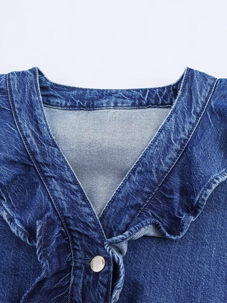 European style new women's fashion all-match temperament lotus leaf lace V-neck long-sleeved denim shirt