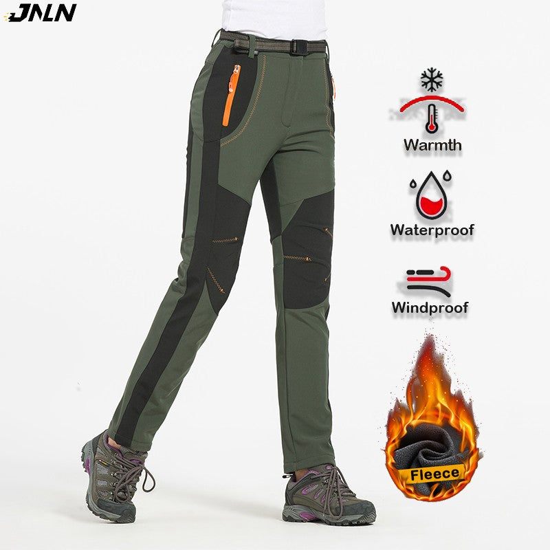 JNLN Women Winter Fleece Pants Warm Waterproof Hiking Pants Outdoor Camping Climbing Skiing Soft Shell Windproof Rain Trousers