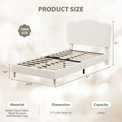 Upholstered Twin Size Bed Frame for Kids with Scallop Headboard, Cute Velvet Twin Bed for Girls, Boys, Sturdy Platform B