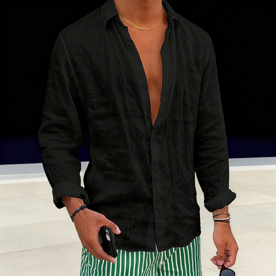 Men's Slim Fit Cotton Linen Shirt Casual Long Sleeve Solid Color Lapel Breathable Button Top for Spring Autumn