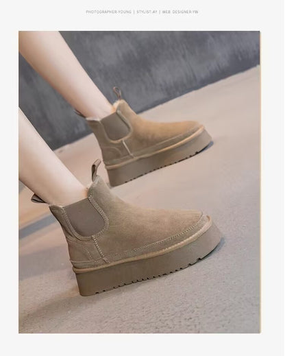 2024 Winter New Leather Thick Sole Chelsea Snow Boots Women's Fashion All-in-one Thick Fleece Warm Snow Cotton Shoes