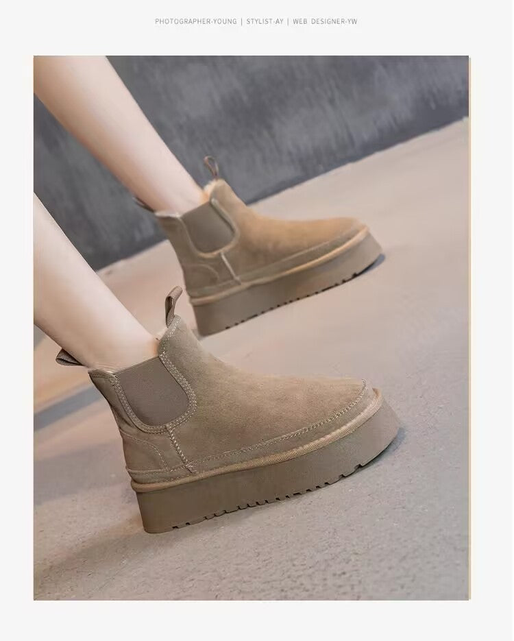 2024 Winter New Leather Thick Sole Chelsea Snow Boots Women's Fashion All-in-one Thick Fleece Warm Snow Cotton Shoes