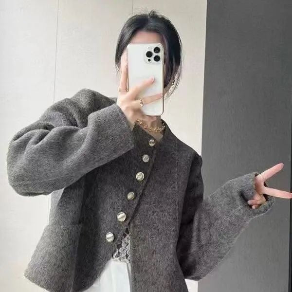 Women's New Round Neck Single-breasted Double-sided Tweed Coat Fashionable Casual and Versatile Elegant Top