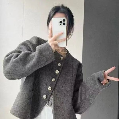Women's New Round Neck Single-breasted Double-sided Tweed Coat Fashionable Casual and Versatile Elegant Top