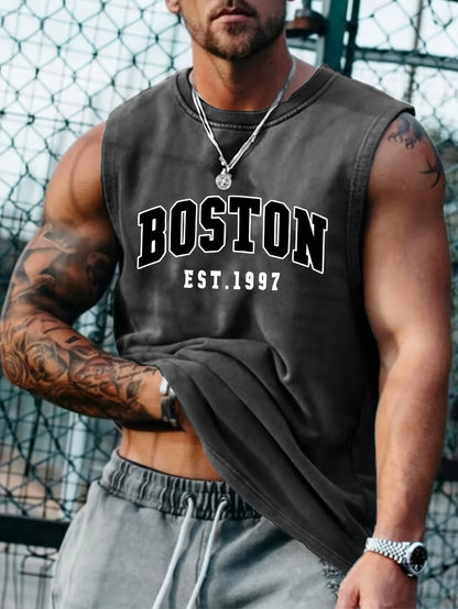 Men's summer fashion casual sports loose Boston est 1997 Print comfortable breathable round neck sleeveless vest