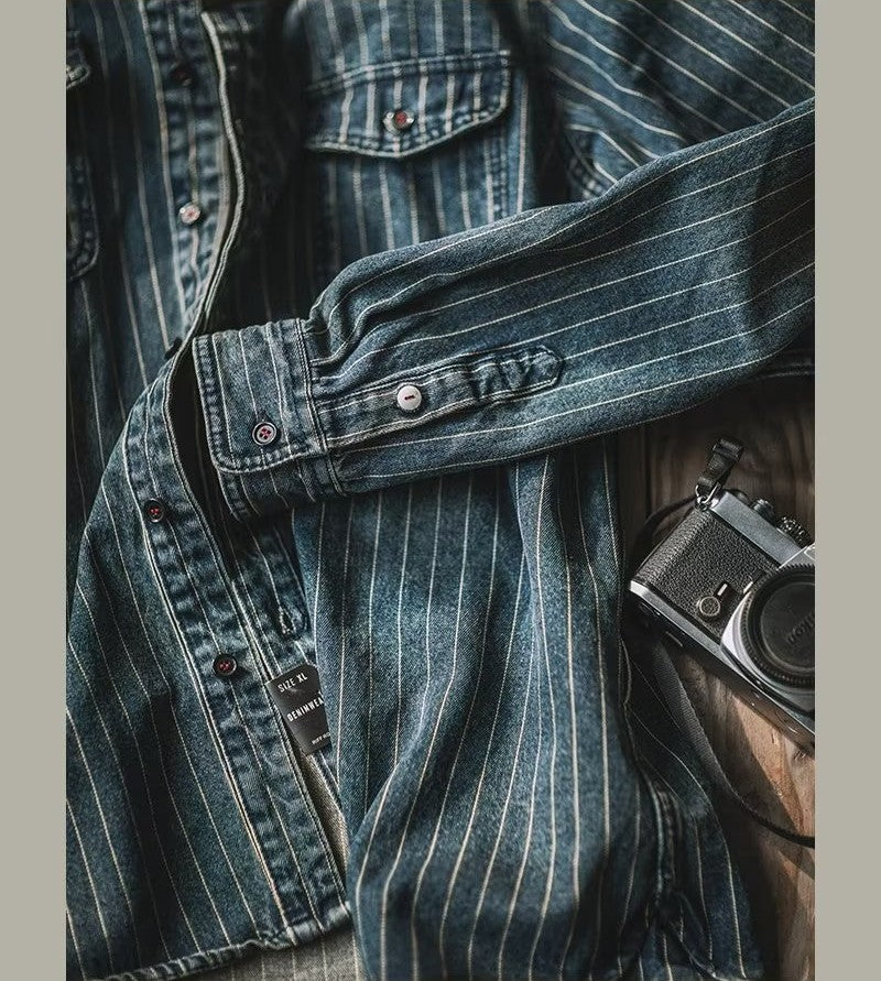 Amekaji Cargo Shirts Men's Vintage Vertical Stripe Denim Jackets Washed Distressed Pocket Trim Casual Coats Spring Autumn Shirts