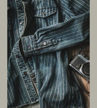 Amekaji Cargo Shirts Men's Vintage Vertical Stripe Denim Jackets Washed Distressed Pocket Trim Casual Coats Spring Autumn Shirts