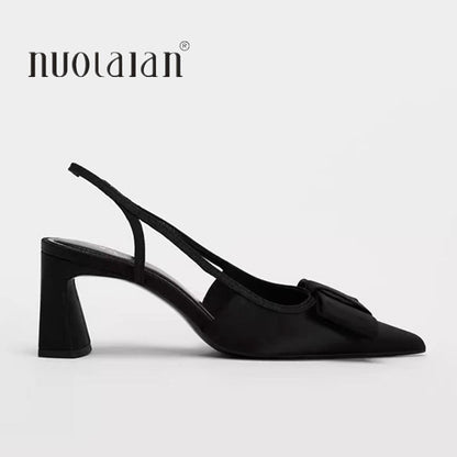 Sandálias de Salto com Laço Borboleta Femininas 2025 Moda Elegante Sapatos de Festa Feminino Scarpins de Bico Fino Salto Alto Slingback Feminino