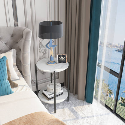 2 Tiers Solid Marble Sofa Side End Coffee Table Living Room Bedroom Round Nesting Table Nightstand Metal Frame