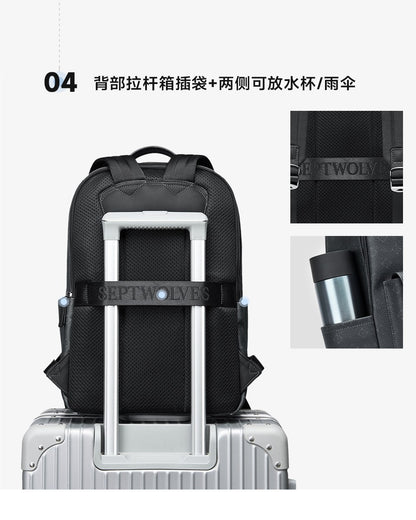 Septwolves Luxury Leather Backpack for Men Monogram Printed Stylish Laptop Backpack 15 Inch Travel Bag Black Business Backpack