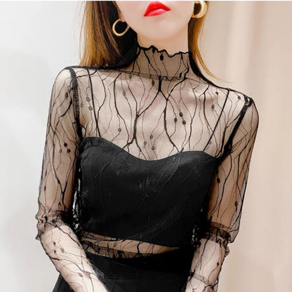 Lace Sheer Women‘s T-Shirt Fashion Mesh Summer Thin Bottom Shirt Transparent Long Sleeve Blouses Ladies Tops High Neck Tee Soli