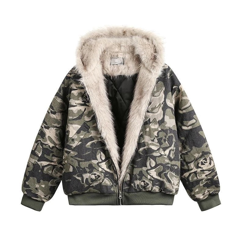 Cotton jacket with fur collar eagle embroidered and tie-dyeed winter men's design outdoor jacket thick and comfortable