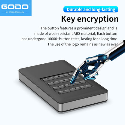GODO M.2 MSATA Criptografia de hardware USB3.0 Criptografia de disco completo Instalação sem ferramentas com senha Caixa de disco rígido móvel 2,5" Sata