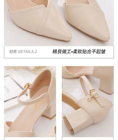 Sandália Feminina Elegante Bege Bico Fino Salto Médio Tira Fina Transpassada Fivela Sapatos de Escritório Diários