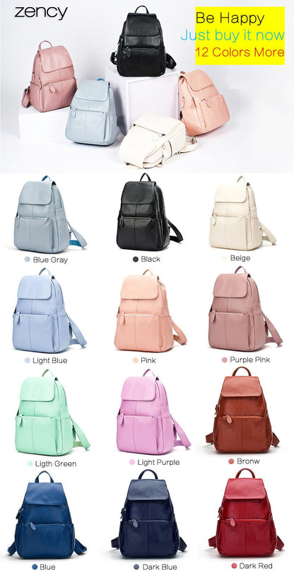 Zency Mochila Feminina Elegante Preta Branca Couro Genuíno Qualidade A++ Antifurto Grande Capacidade Mochila de Viagem Designer