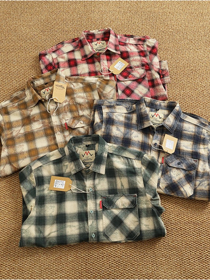 Autumn New Japanese Retro Long-Sleeve Lapel Plaid Cargo Shirt Men's Simple 100% Cotton Washed Pocket Casual Blouses Thin Coat