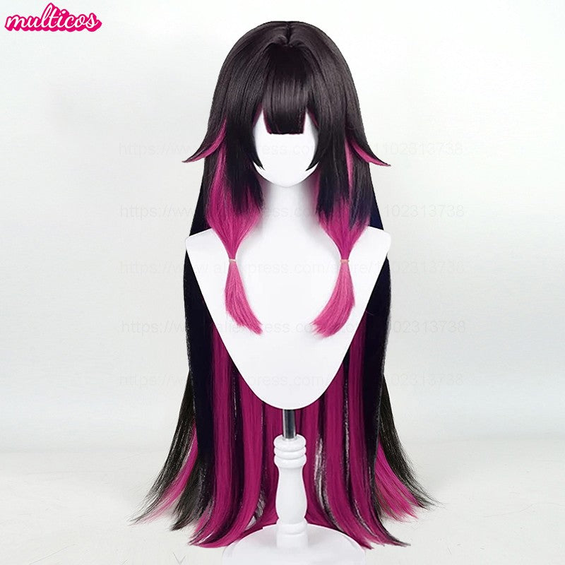 Peruca de Cosplay Columbina de Alta Qualidade 105cm Longa Lisa Preta Rosa Cabelo Sintético Resistente ao Calor Anime Fatui Cosplay Perucas + Touca de Peruca