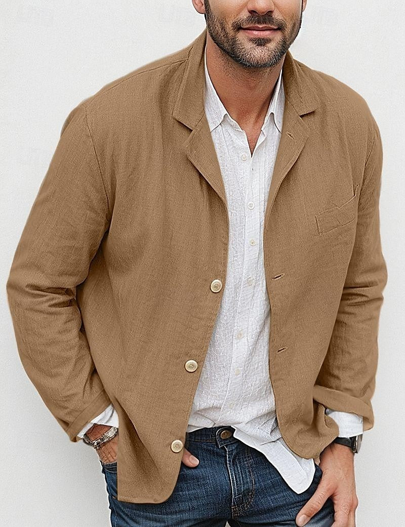 Men's Loose Simple Solid Color Small Suit Long-Sleeved Jacket Cotton and Linen Temperament Small Suit