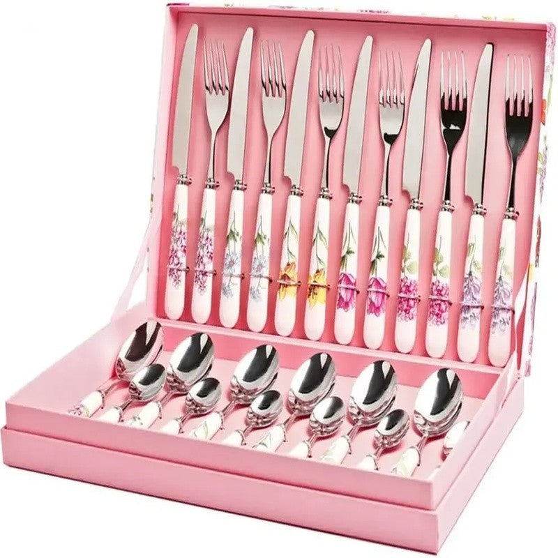 Conjunto de Talheres de 24 Peças com Cabo de Cerâmica e Facas, Garfos e Colheres de Aço Inoxidável em Caixa de Presente para Utensílios de Mesa e Jantar