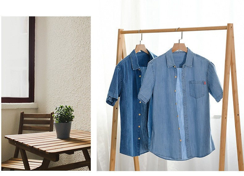 Men Denim Shirt , Thin Summer Half Sleeve Casual Top, Loose Trendy Handsome Short Sleeve ?Camping Denim Short Sleeve Jacket