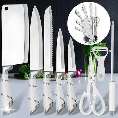 Conjunto de Facas de Cozinha ZENG de Aço Inoxidável com Cabo Oco Faca de Carne Faca de Cozinheiro Tesoura Faca de Pão Descascador de Frutas Suporte de Faca