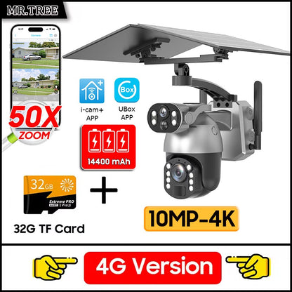 50XZOOM Solar Camera 4G SIM/WiFi Dual Lens Outdoor Security Camera with Night Vision,Waterproof Wireless Surveillance for Garden