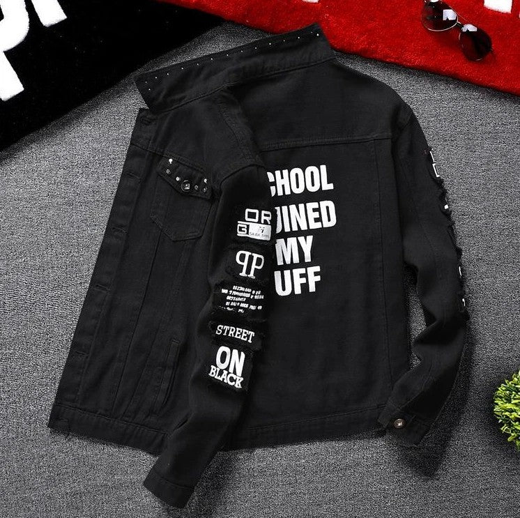 Jeans Coat for Men Hip Hop with Print Ripped Button Black Hole Denim Jackets Man Size L Large Lxury Worn Cowgirl Fast Delvery G