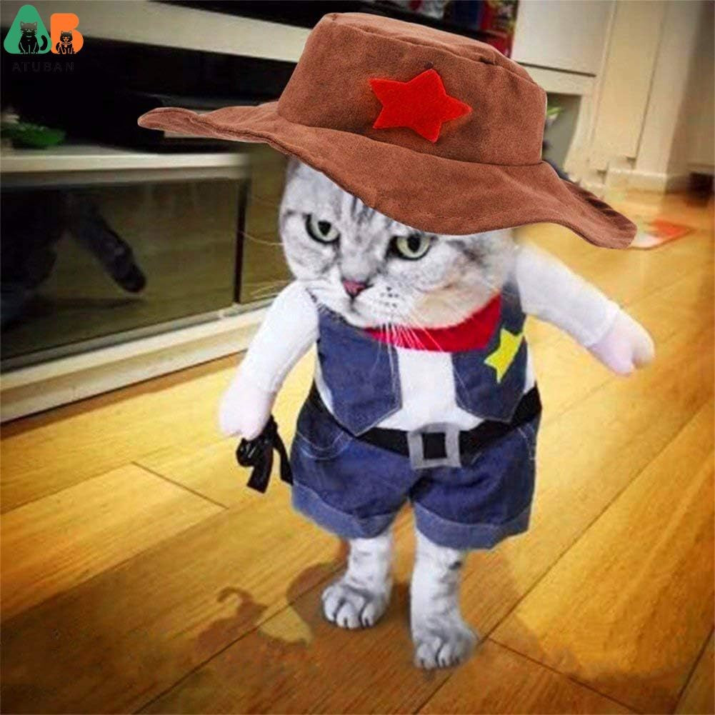 Fantasias de Halloween para Cães e Gatos, Uniforme de Cowboy do Oeste com Chapéu, Roupa Engraçada de Cowboy para Pets, Fantasia Engraçada para Gatos e Cães Pequenos