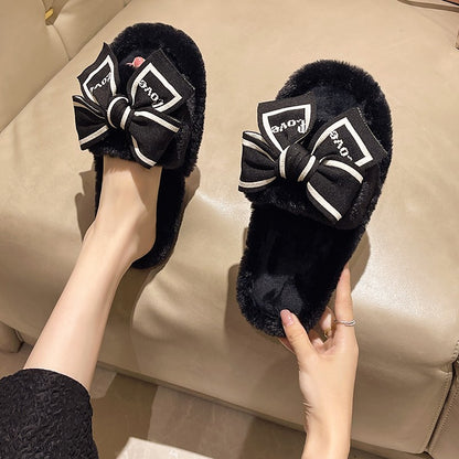 Casual Fluffy Slippers Women House Flats Fashion Winter Bowknot Love Designer Shoes Ladies Home Plush Platform Elegant Footwear