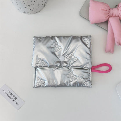 INS Style Silver Sanitary Mat Bag Zipper Button Change Purse Coins Keys Wallet Love Bow Credit Card Holder Cosmetics Napkin