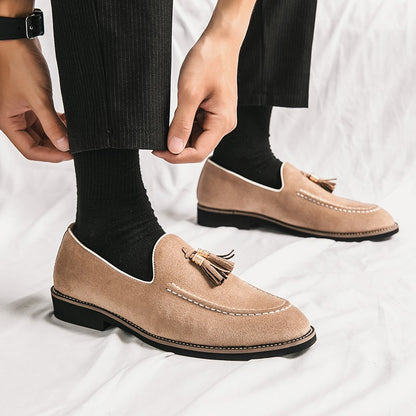 New Fashion Tassel Leather Men Shoes Slip On Loafers Round Toe Patchwork Suede Dress Shoes Man Daily Wedding Party Shoes for Man