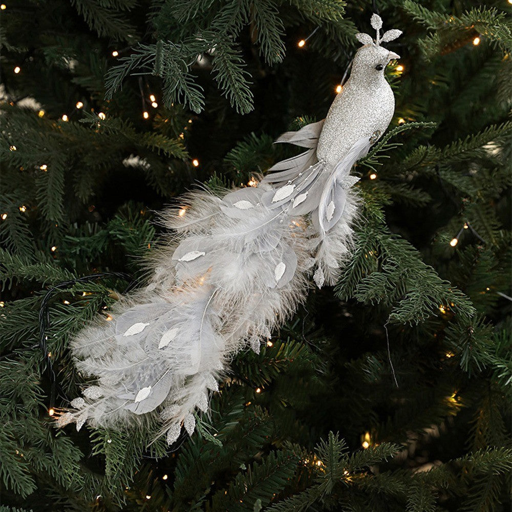 Long Tail Christmas Peacock Ornaments Realistic Glimmering Feather Peacock Bird Figurine Handmade with Clip Christmas Tree Decor