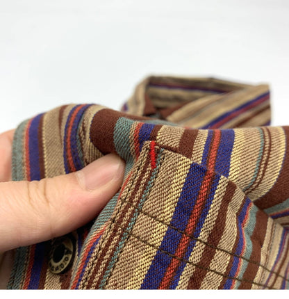 Amikaki Ethnic Style Men's Pure Cotton Colorful Stripes Shirt Loose Ancient Cargo Long Sleeved Shirt Jacket With Chest Pocket