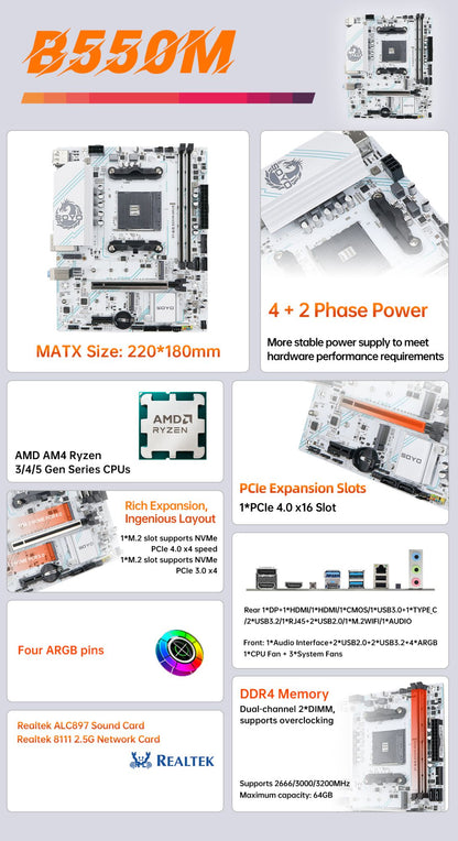 SOYO AMD B550M Gaming Motherboard USB3.1 M.2 Nvme Sata3 DDR4 Dual Channel Supports RYZEN R3 R5 R7 3000 4000 5000 CPU AM4 Socket