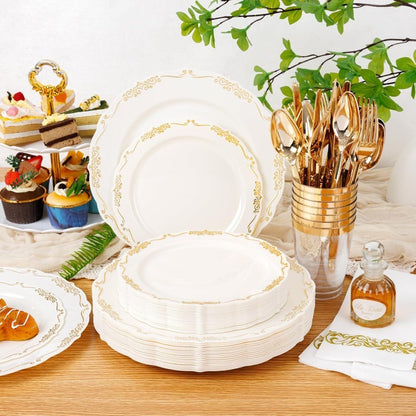 210Pcs Ivory Plastic Plates Disposable Plates Heavy Duty Gold Plastic Dinnerware Set for Party Wedding Event Includes 30 Dinner