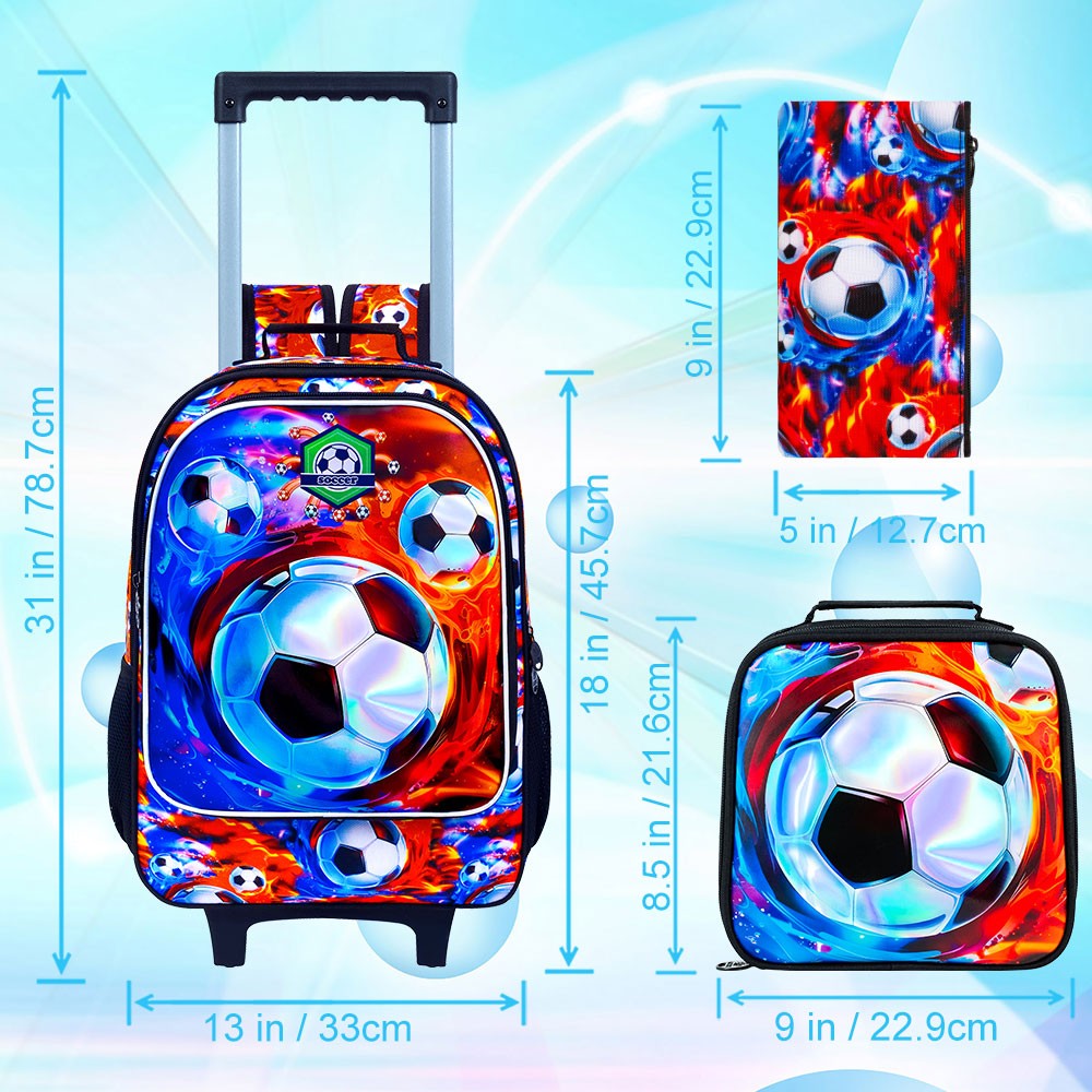 Mochila de rodinhas 3 peças para meninos, mochila com rodinhas para crianças, mochila escolar com rodinhas e lancheira - futebol