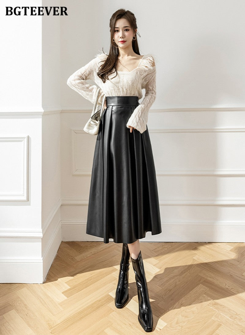 BGTEEVER Spring Autumn Loose PU Leather A-line Skirts Women Elegant High Waist Pleated Faux Leather Skirts Female