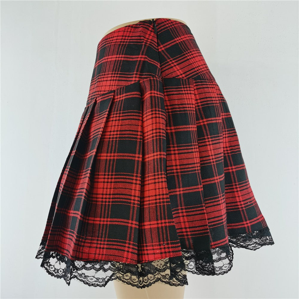 New Contrast Lace Plaid Pleated Skirt Vintage Sexy Skater Clothes Harajuku Gothic Punk England Style Y2k Skirt