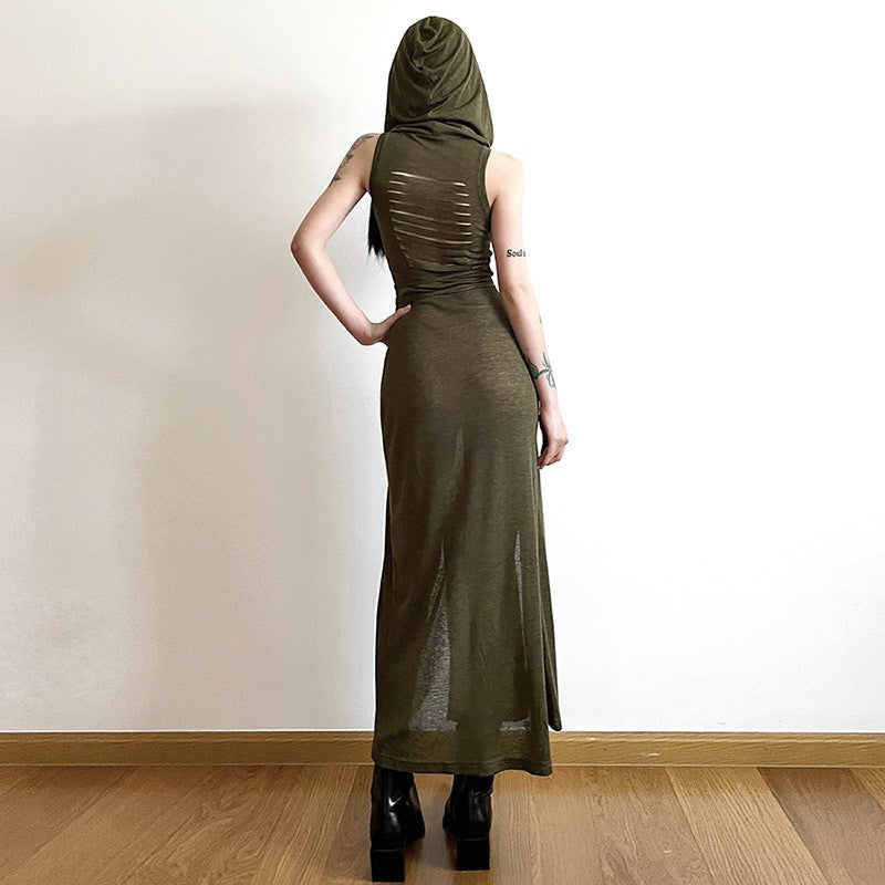 Goth Dark Cyber Gothic Desert Walker Hooded Dresses Y2k Punk Grunge Hollow Out M
