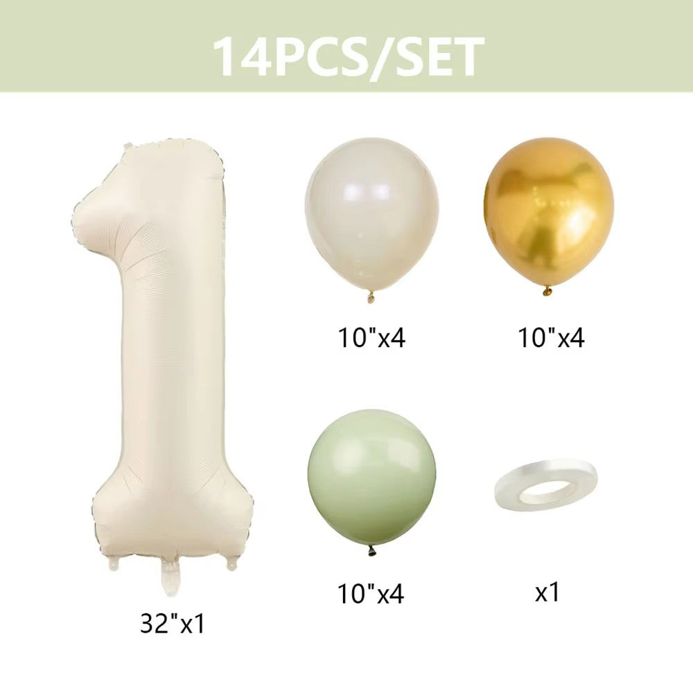 14pcs 32inch Cream Number Balloon 10inch Avocado Green Metallic Gold White Latex Balloons Baby Birthday Party Decorations
